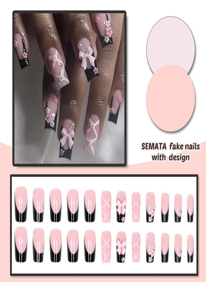 SEMATA Black Pink French Tip Press on Nails Medium Long Square Acrylic Fake Nails Press Ons with Glue 24Pcs Flower Pearls Cute Stick on Nail for Women 3D Bow Artificial Glue on False Nail 12 Sizes - Image 4